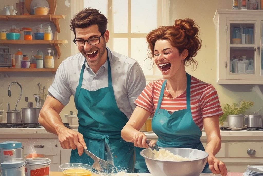 Funny sketch of a happy couple baking a messy cake together in a chaotic kitchen, laughing.