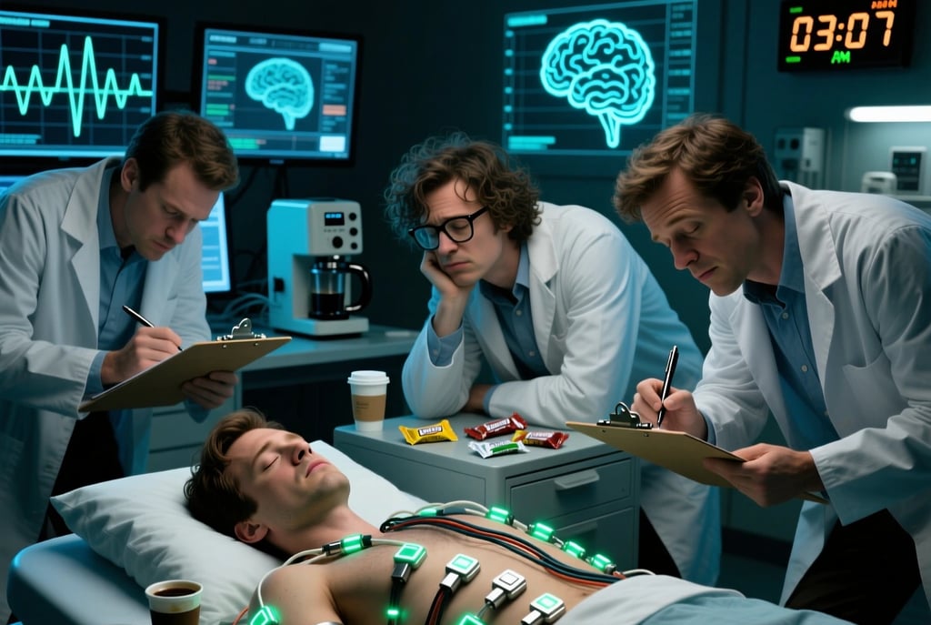Humorous sleep research lab: scientists awake all night studying sleeping subject covered in wires