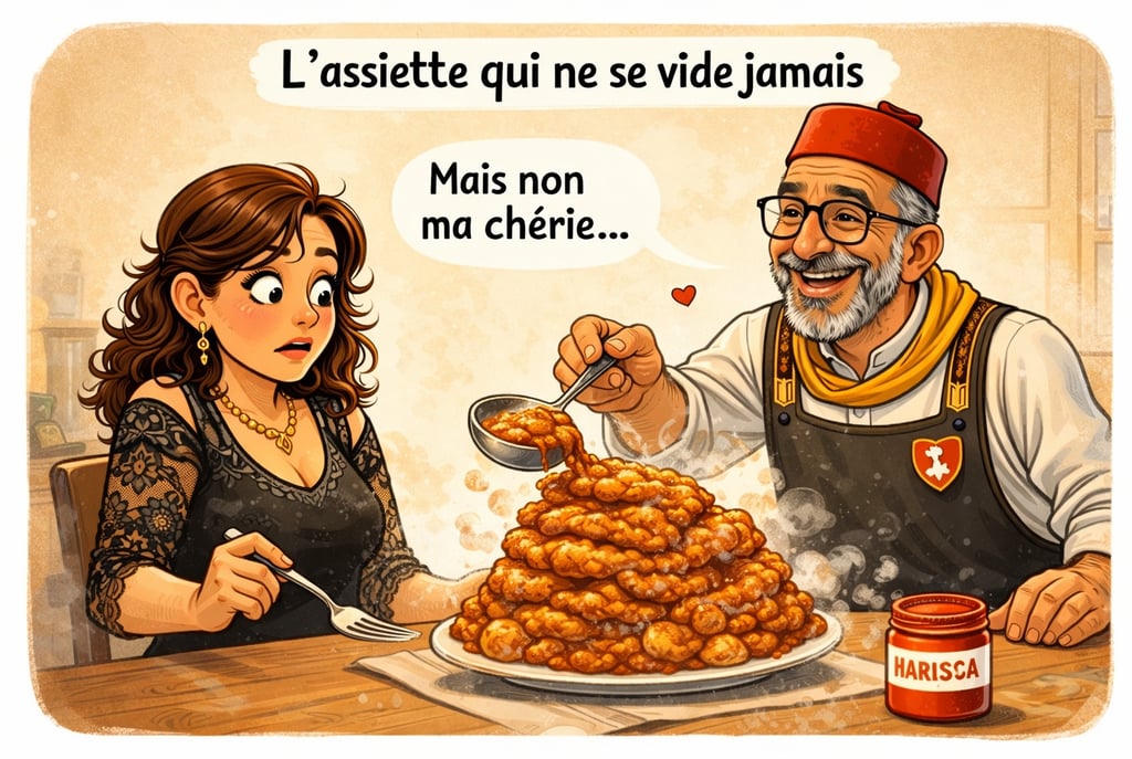Illustration humoristique d’un couple mixte italien et tunisien où Ridha remplit encore l’assiette.