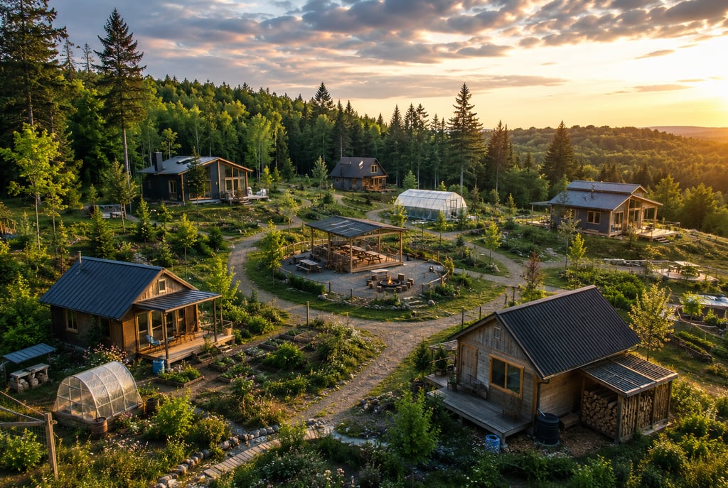 Aerial view of modern eco-friendly tiny cabins and garden paths at a forest retreat during sunset.