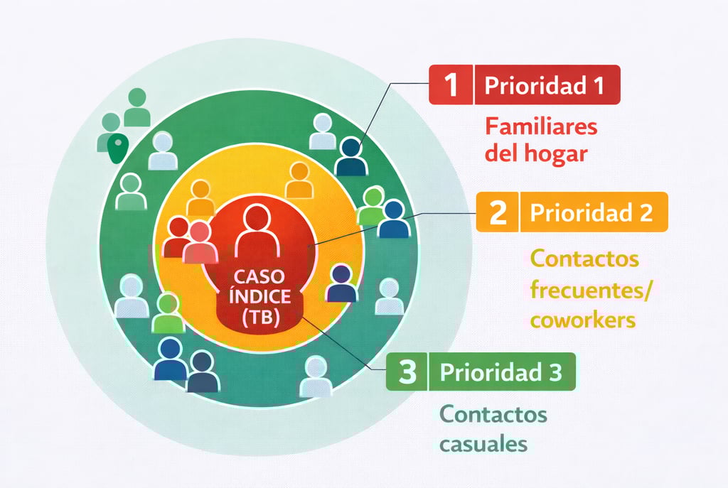 Diagrama de círculos de contacto mostrando prioridades de evaluación para personas expuestas a tbc