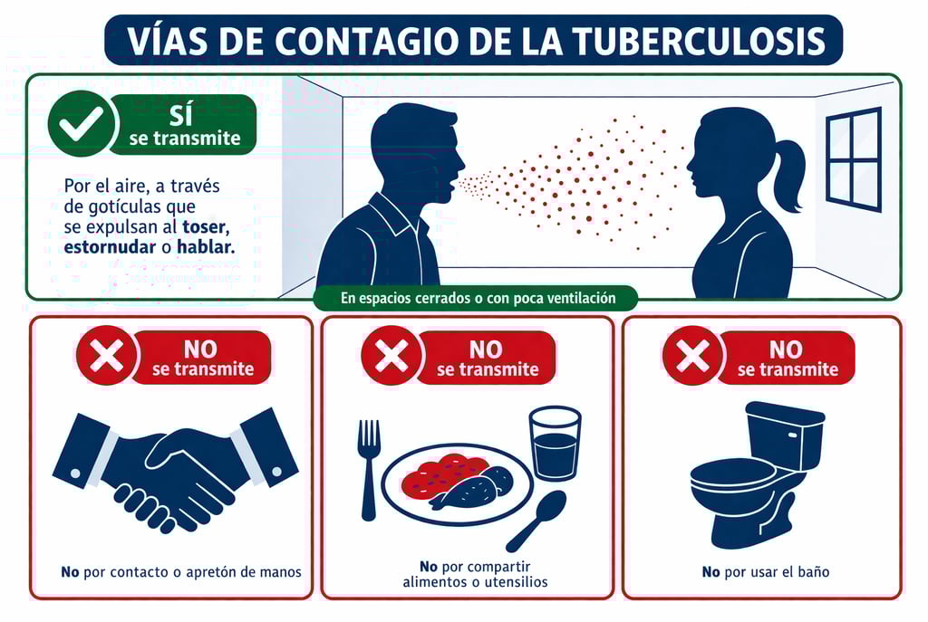 Ilustración sobre cómo se contagia y no se contagia la tuberculosis: transmisión aérea vs contacto f