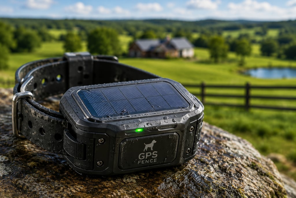Solar-powered GPS dog collar with rugged weatherproof design for virtual fencing on large rural properties