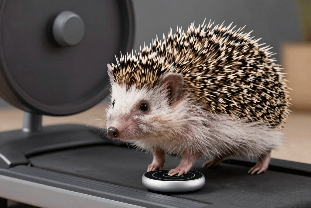 a  hedgehog exercising at night with a smart pet fitness device