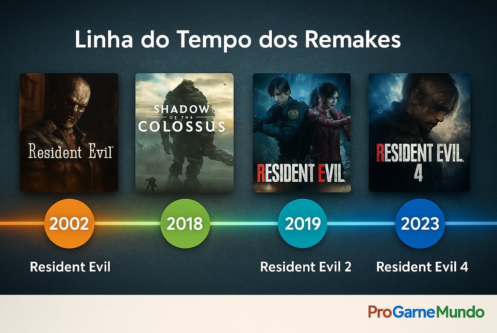 Linha do tempo dos remakes de jogos de 2002 a 2023, incluindo Resident Evil e Shadow of the Colossus