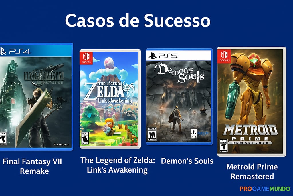 Capas de remakes de sucesso como Final Fantasy VII Remake, Zelda Link’s Awakening, Demon’s Souls.