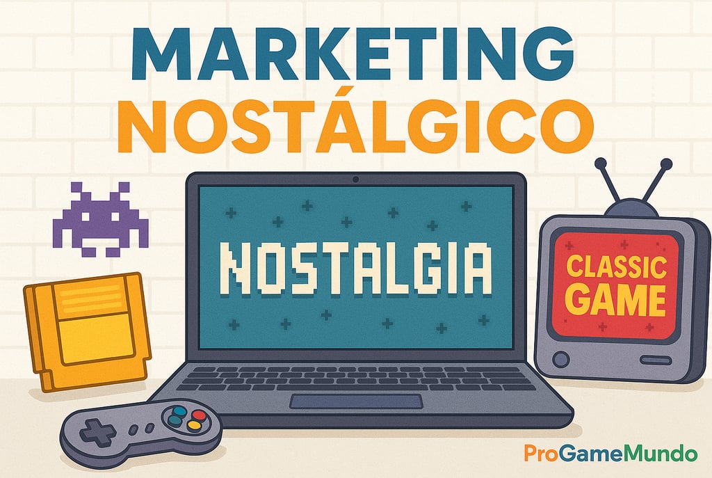 Cena publicitária retrô com laptop, TV antiga e controle clássico destacando o conceito de marketing