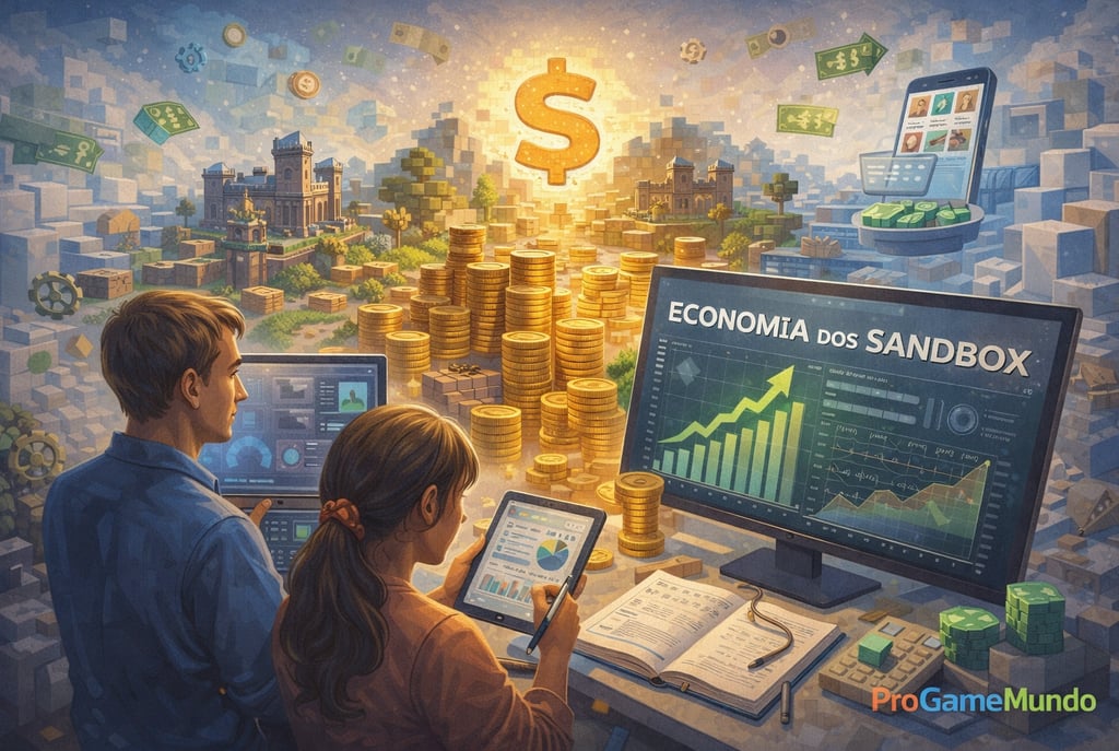 Imagem ilustrando a economia dos jogos sandbox, com criação virtual, gráficos financeiros e monetiza