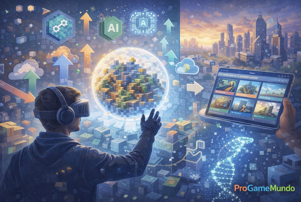 Imagem futurista mostrando tendências dos jogos sandbox com IA, criação digital e mundos persistente