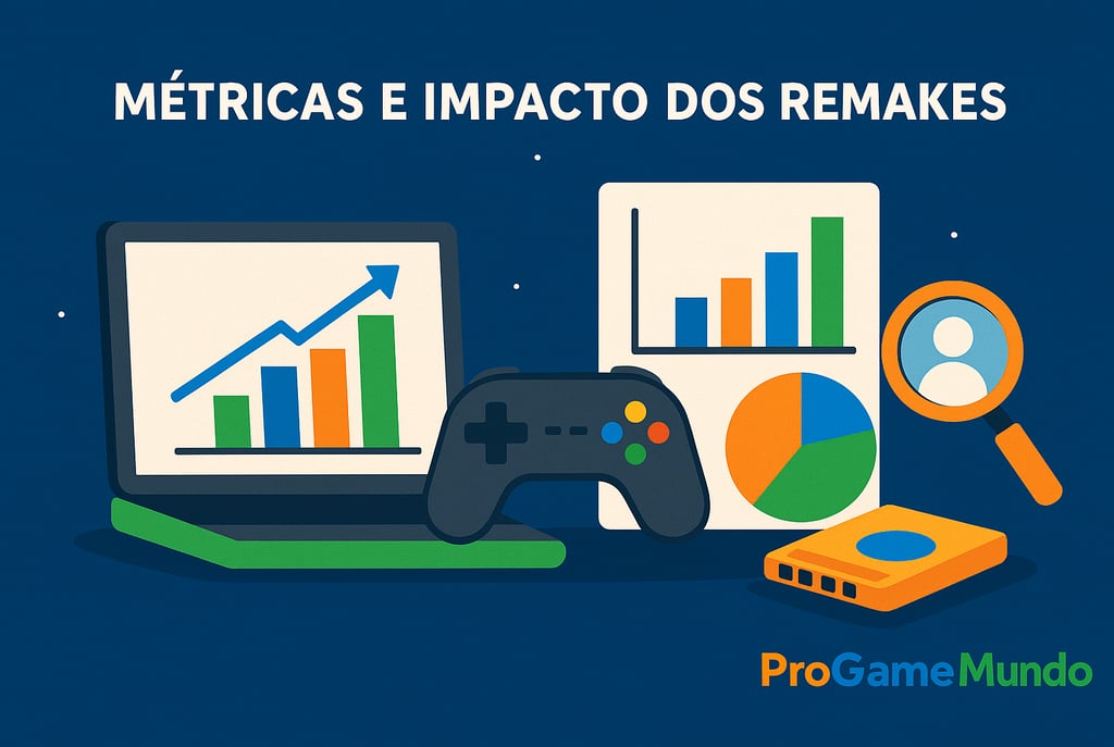 Infográfico horizontal com gráficos de vendas e engajamento de remakes, laptop, controle e lupa