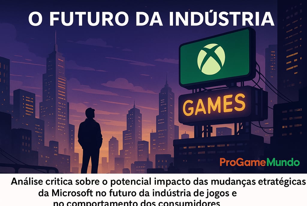 Cidade futurista com letreiro do Xbox simbolizando o futuro da indústria de jogos.