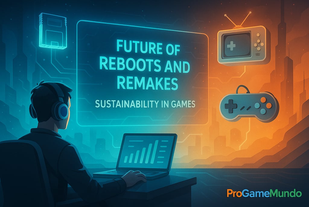 futuro sustentável de reboots e remakes com elementos retrô e hologramas.