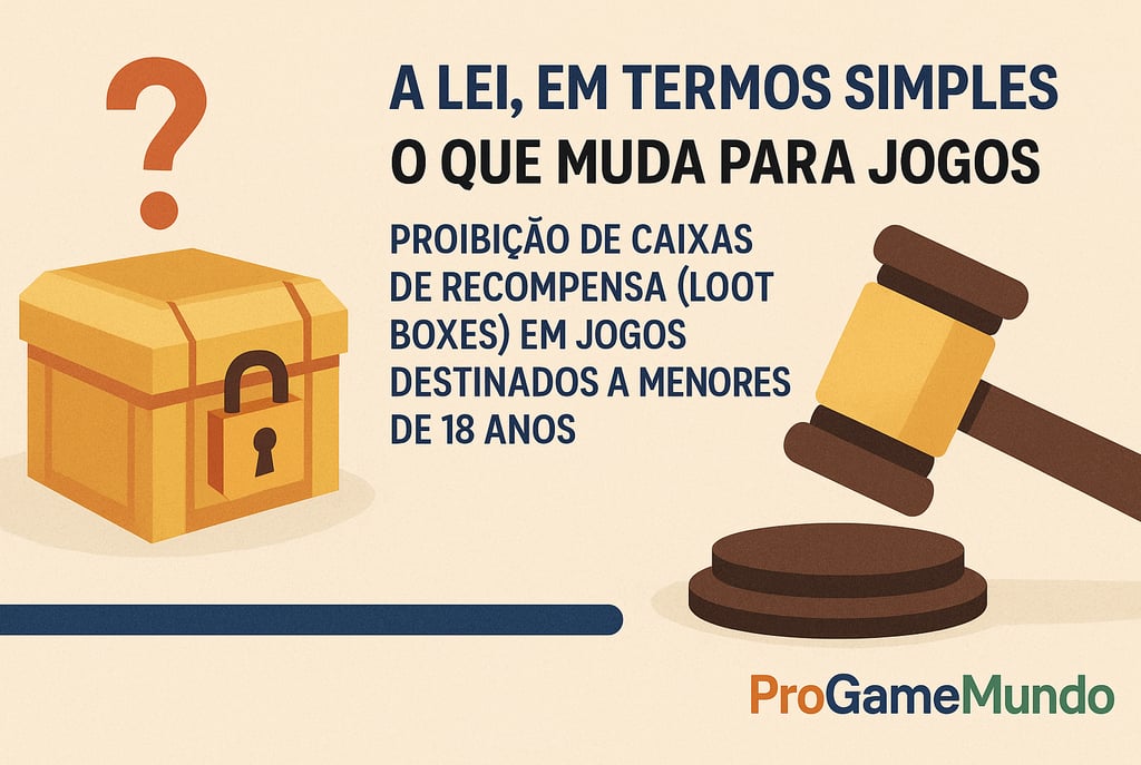 Infográfico sobre a proibição de loot boxes para menores de 18 anos no Brasil.