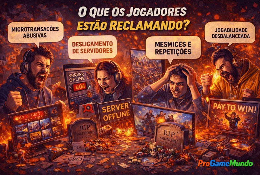jogadores frustrados reclamando de microtransações, servidores offline e jogabilidade repetitiva.