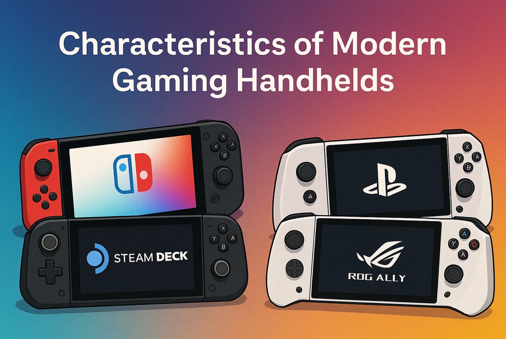 Quatro consoles portáteis alinhados com fundo colorido em degradê representando a nova geração gamer