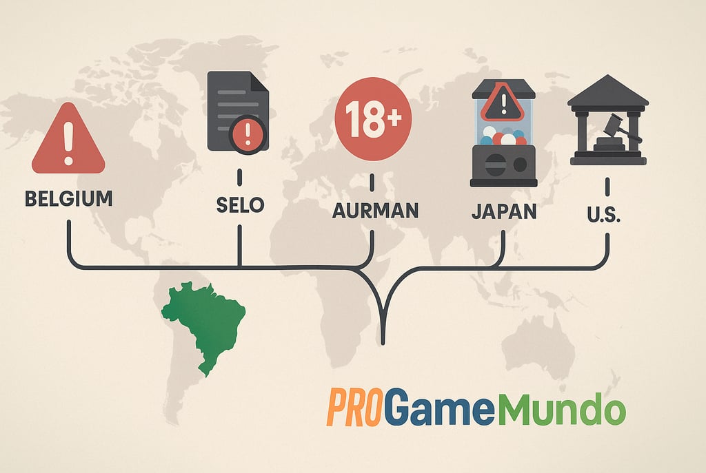 Infográfico comparando regulações internacionais de loot boxes em países como Bélgica, Alemanha, Jap