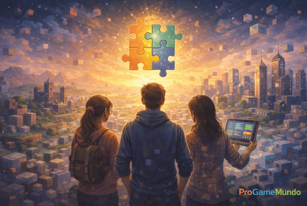 Imagem simbólica mostrando jogadores observando um mundo sandbox integrado, representando síntese e 