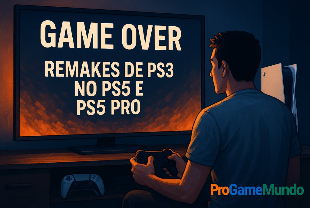 Gamer diante de tela com mensagem “Game Over” sobre PS5 e PS3.