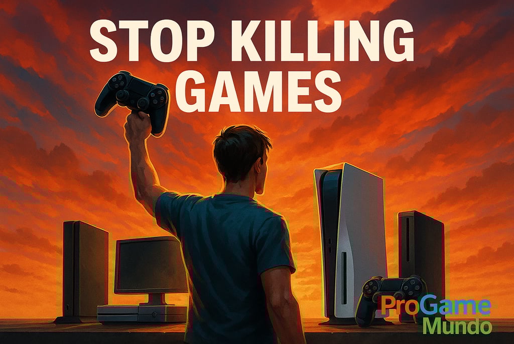 Jogador ergue controle de videogame ao pôr do sol cercado por consoles, simbolizando esperança e pre