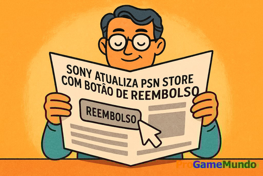 Pessoa lendo jornal com manchete sobre botão de reembolso da PSN Store.