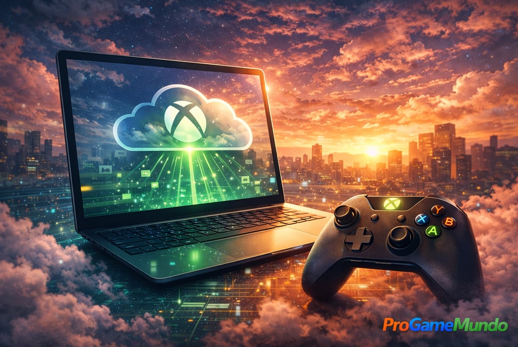 Notebook com Xbox Cloud Gaming e controle ao lado, com dados em nuvem ao fundo