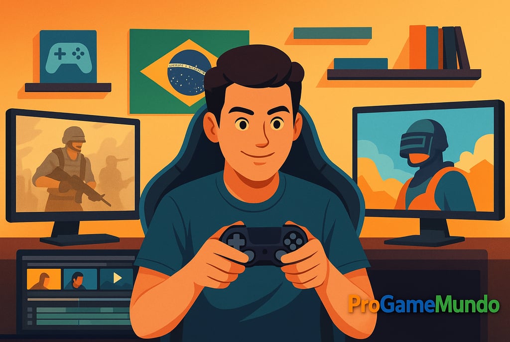Gamer brasileiro jogando em setup moderno com bandeira do Brasil
