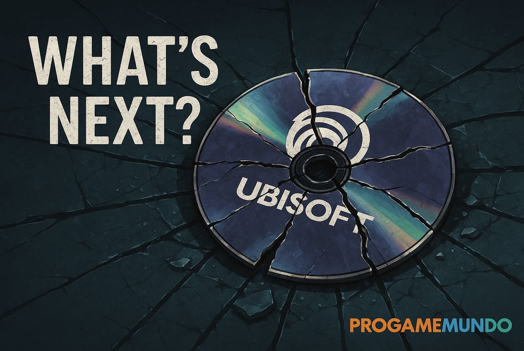Disco da Ubisoft quebrado com a frase “What’s Next?” sobre fundo rachado.