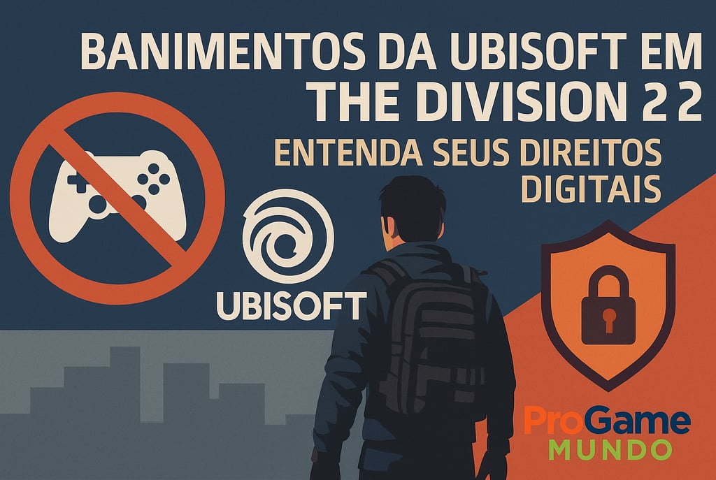 Jogador diante da tela com aviso de conta banida e cadeados digitais ao fundo.