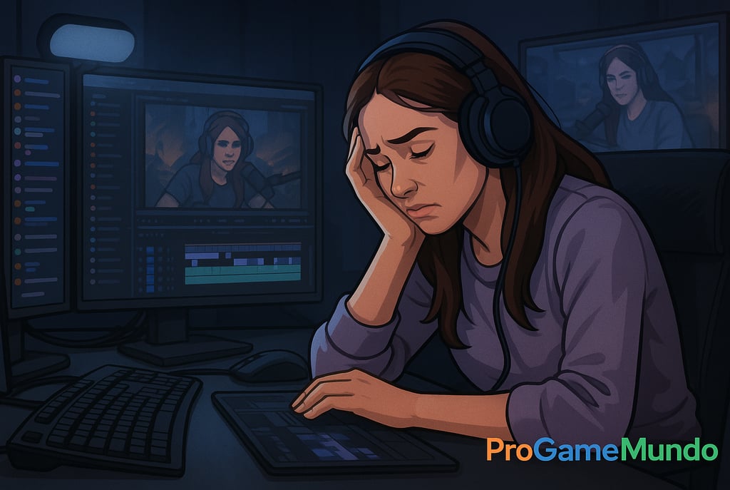 Streamer cansada em frente a várias telas.