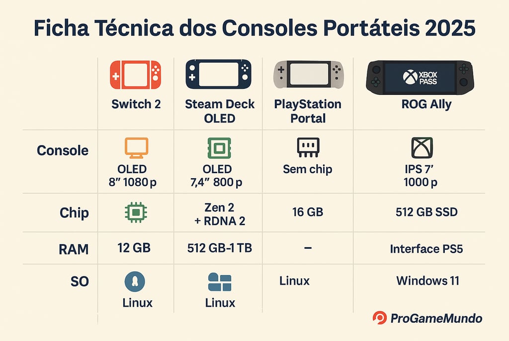 Infográfico técnico comparando quatro consoles portáteis de 2025.