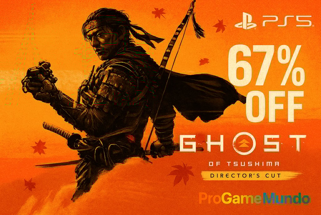 Ilustração promocional de Ghost of Tsushima com samurai e 67% de desconto