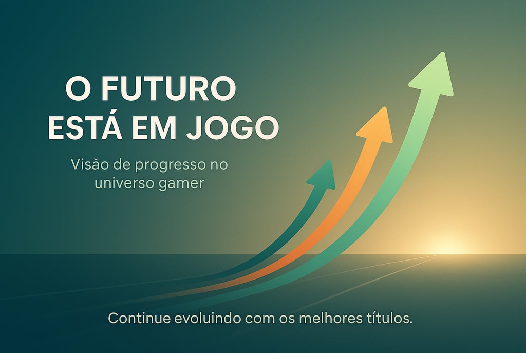 tons verde-azulados e laranja, quatro setas curvas subindo à direita e a frase "O FUTURO ESTÁ EM JOG