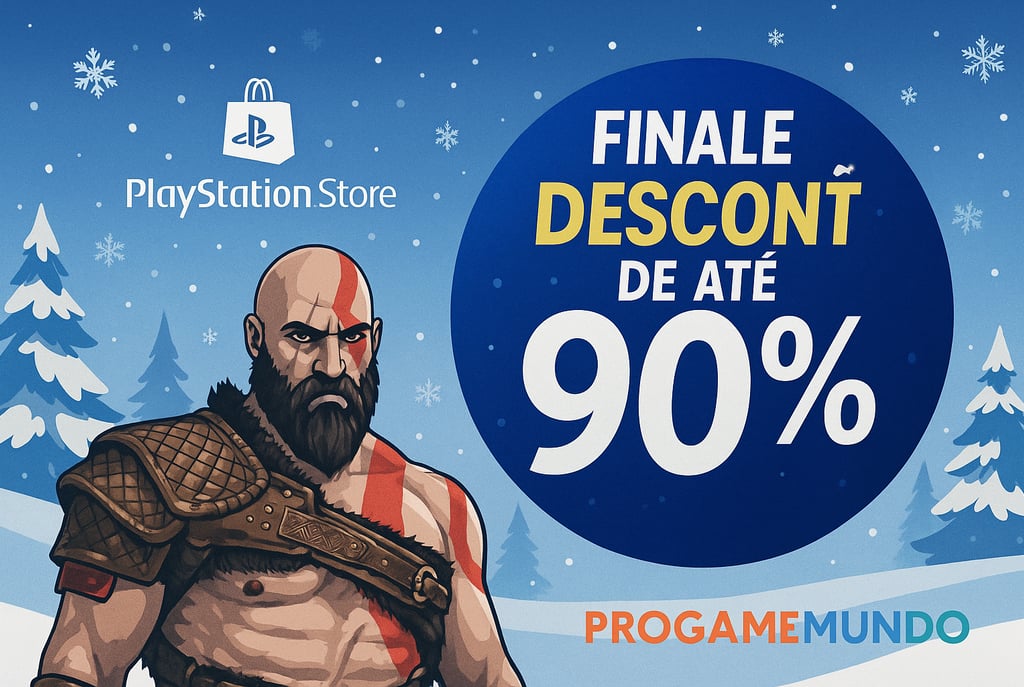 Kratos em cenário de inverno com anúncio de 90% de desconto na PS Store.