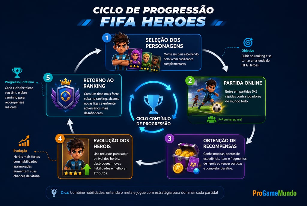 Ciclo de seleção, partidas, recompensas, evolução e ranking em FIFA Heroes.