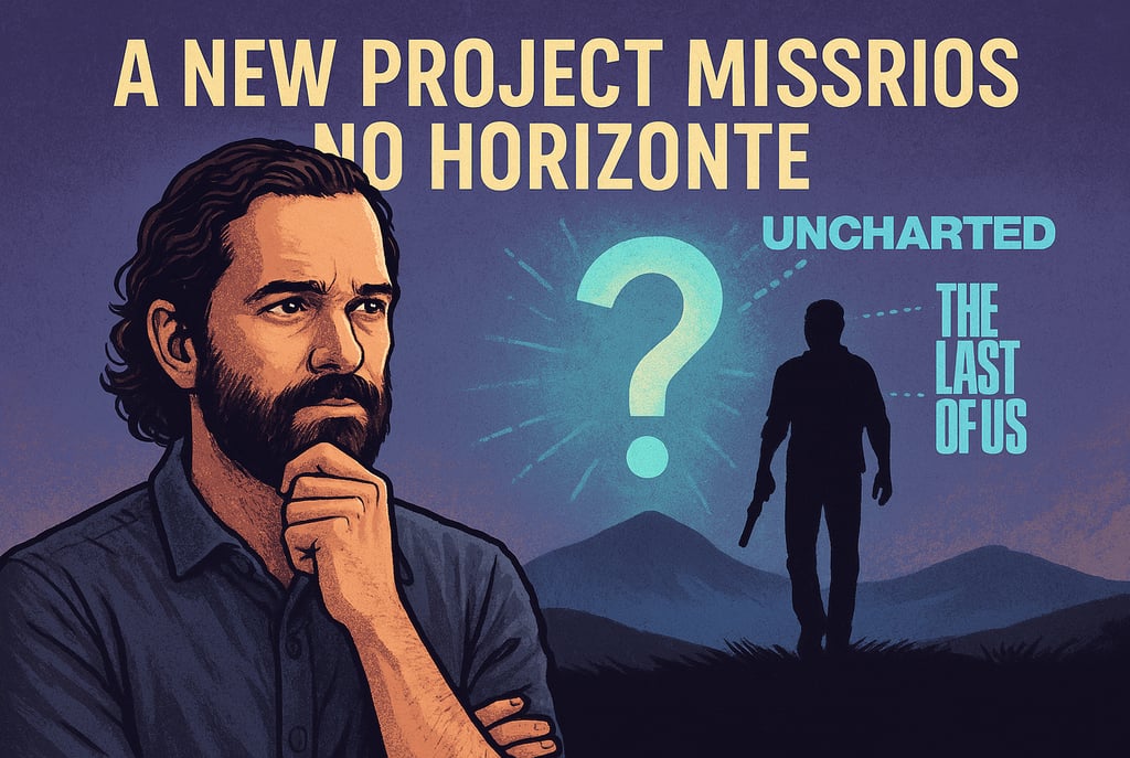 Neil Druckmann contemplando um horizonte criativo e misterioso, com elementos visuais simbólicos