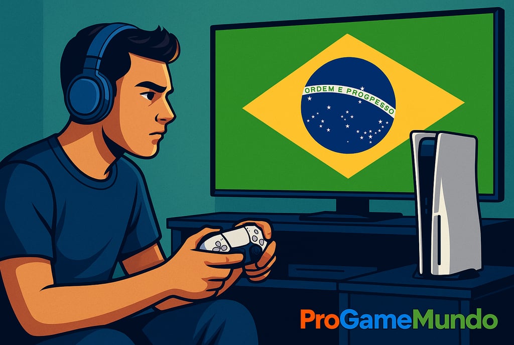 Gamer brasileiro jogando PS5 diante da bandeira nacional.
