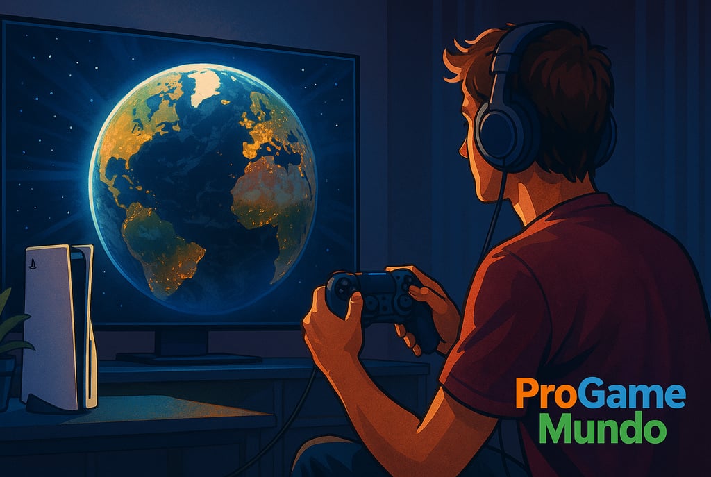 Gamer jogando PS5 enquanto observa a Terra iluminada na tela.