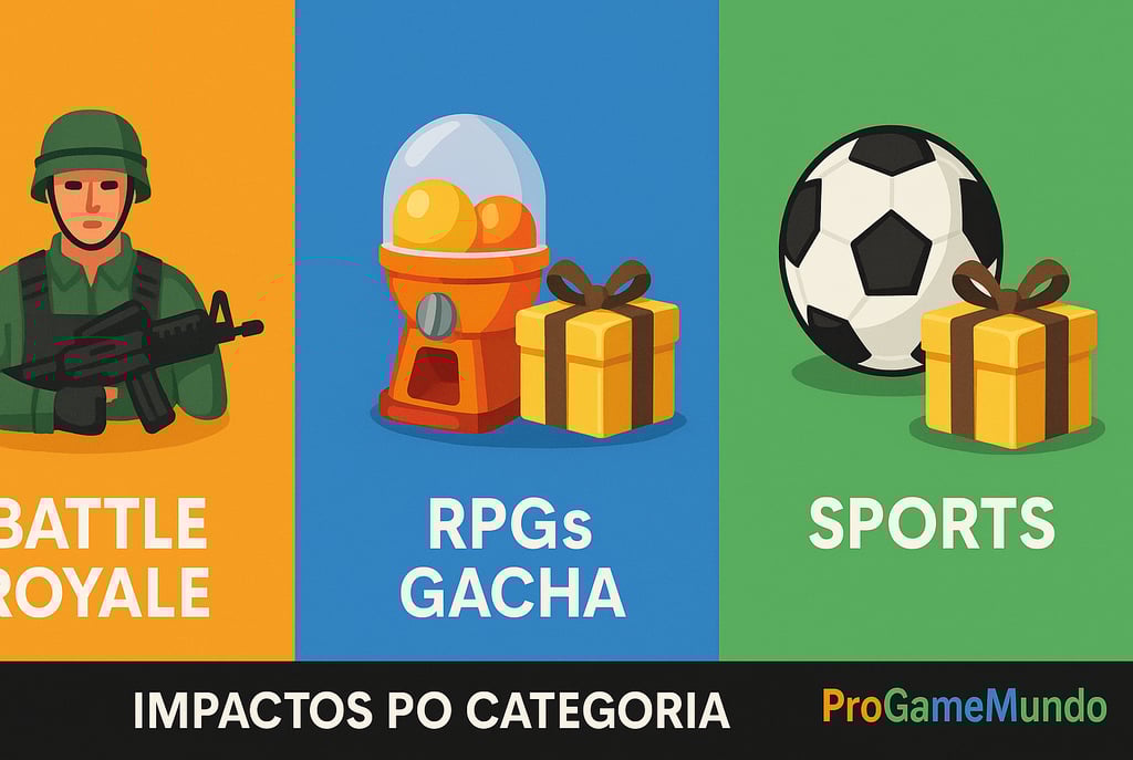 Infográfico horizontal dos impactos da lei das loot boxes em Battle Royale, Gacha e Esportes.