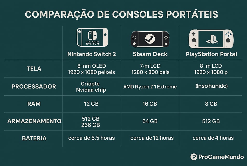 Infográfico comparando os principais consoles portáteis de 2025.
