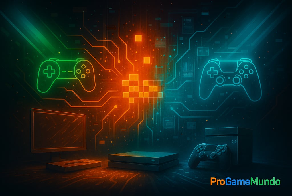 Fusão entre nostalgia e inovação gamer com luzes vibrantes e atmosfera futurista.