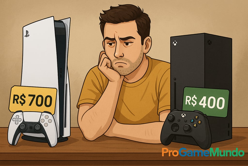 Gamer pensativo entre PS5 e Xbox, comparando preços de assinaturas em 2025.