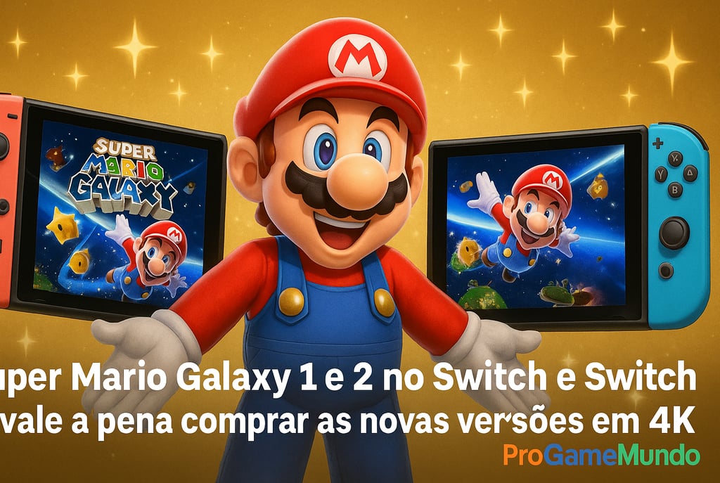 Mario entre dois consoles Switch exibindo Super Mario Galaxy em fundo dourado brilhante.