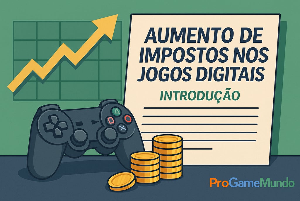 Controle gamer, moedas e gráfico subindo representam o impacto econômico dos novos impostos nos jogo
