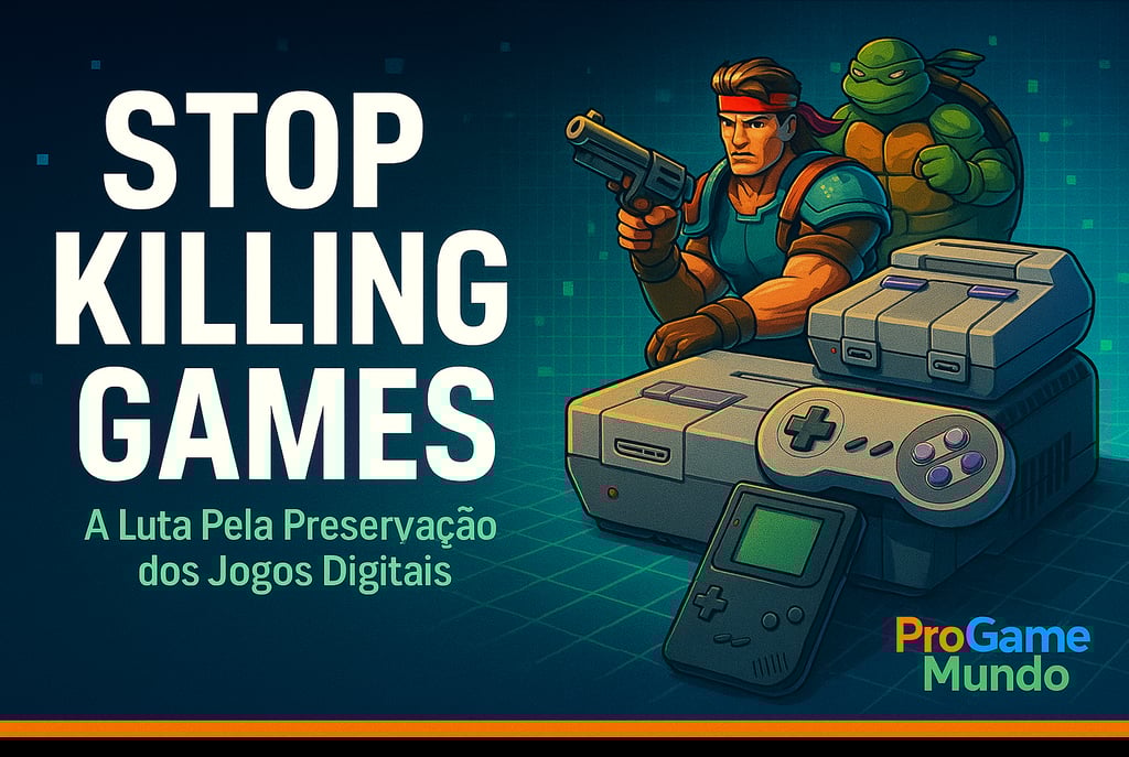 Heróis retrô e consoles clássicos em cenário neon azul e verde com o texto “Stop Killing Games”.