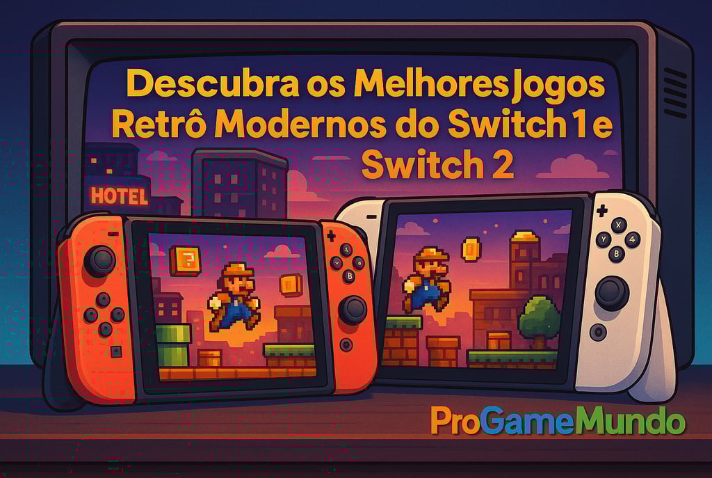 Consoles Switch exibindo jogos retrô diante de TV clássica.