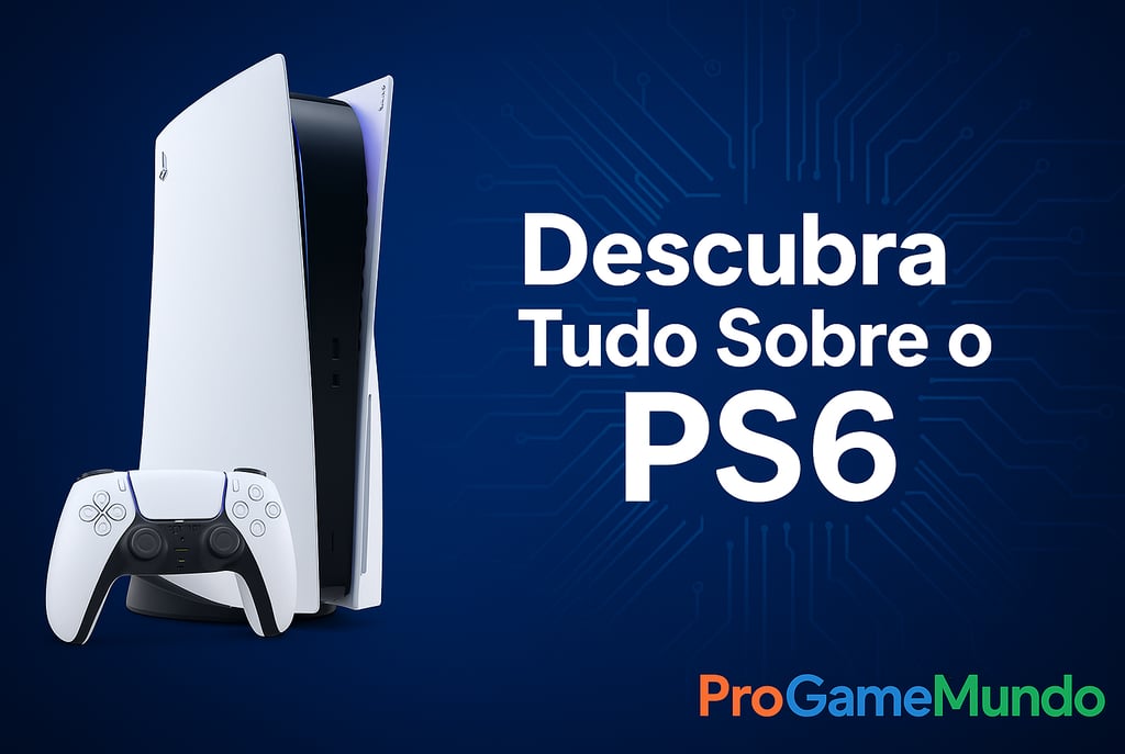 Console PlayStation em destaque com fundo azul e título “Descubra Tudo Sobre o PS6”.