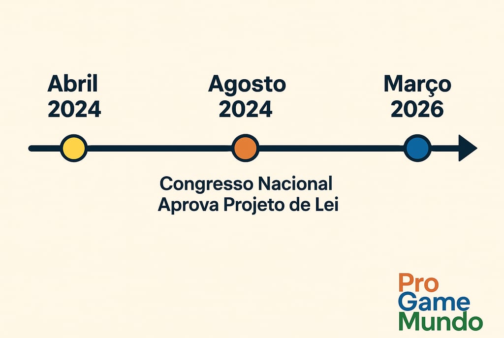 Linha do tempo da Lei das Loot Boxes no Brasil com marcos entre 2024 e 2026.