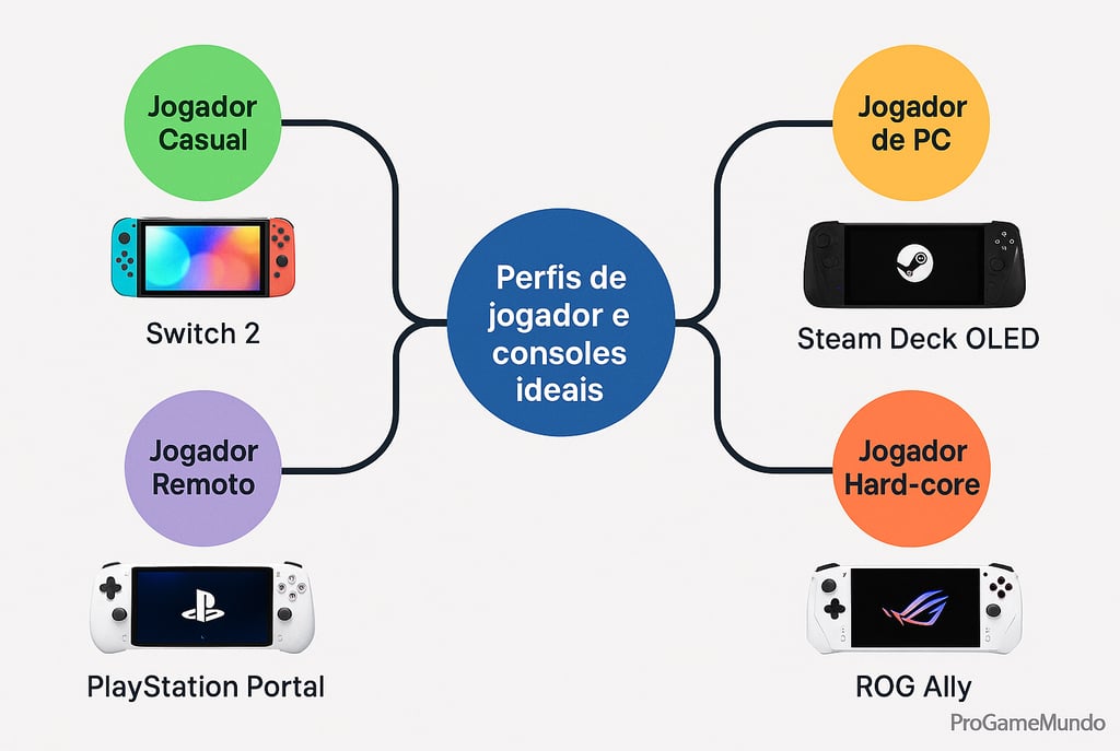 Mapa mental com tipos de jogador e seus consoles portáteis ideais.