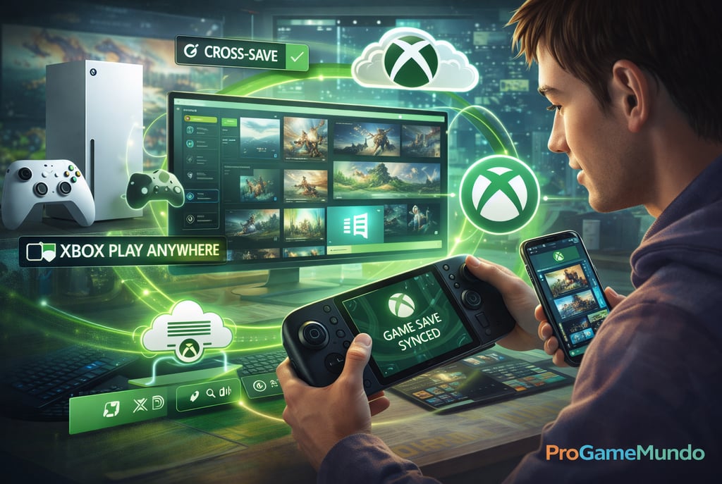 Ilustração do Xbox com integração entre console, PC, nuvem, celular e portátil.