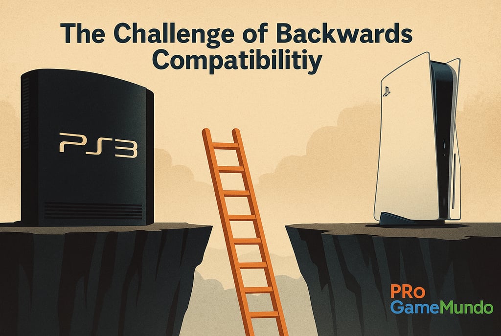 PS3 e PS5 separados por abismo com escada simbólica.